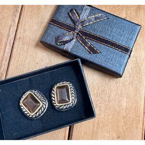 Vintage Brown Stone Clip-On Earrings With Silver & Gold-Tone Rope Design